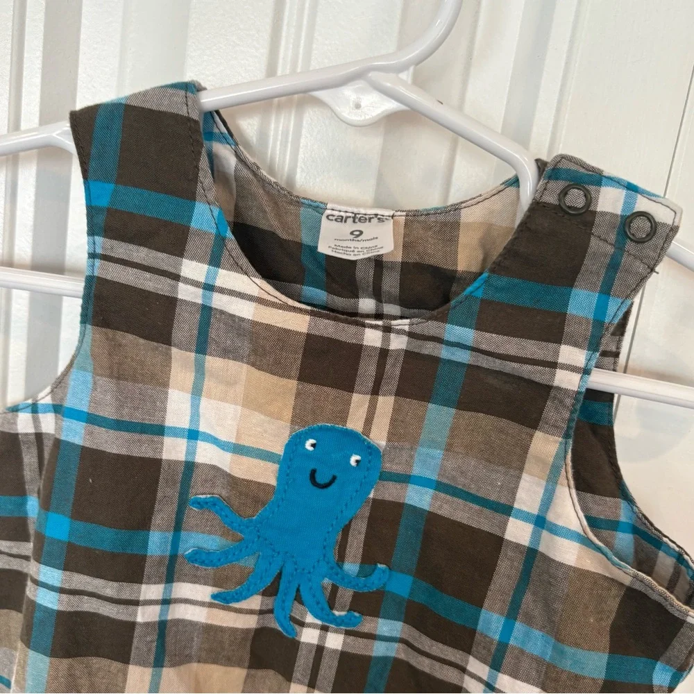 Carter’s Brown And Blue‎ Plaid Octopus Romper Size 9 Months